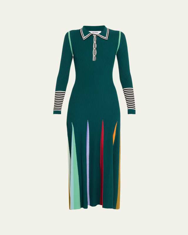 Multicolor Godet-Skirt Rib Maxi Polo Dress